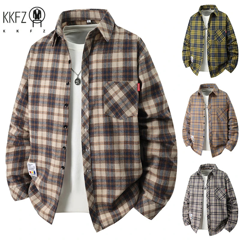 Soft Breathable Check Pattern Shirt Loose Fit Turn Down Collar Pocket Label Autumn Daily Men Casual Outer Blouse
