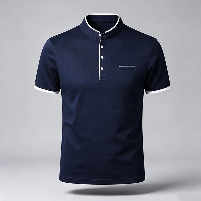 Men Regular Fit Short Sleeve Polo Shirt Stand Collar Chest Pocket For Office Business Look And City Street Daily Wear