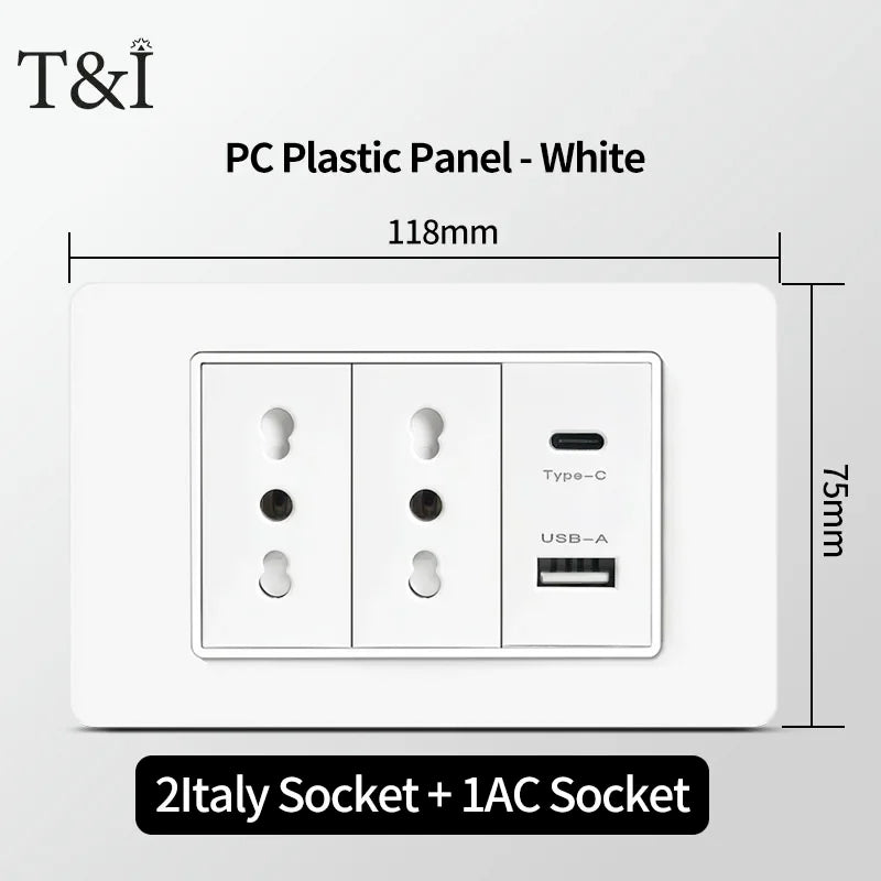 T&I 118  PC plastic panel  socket: USB Type-C, Italian switch , Chilean outlet, very suitable for residential and office spaces