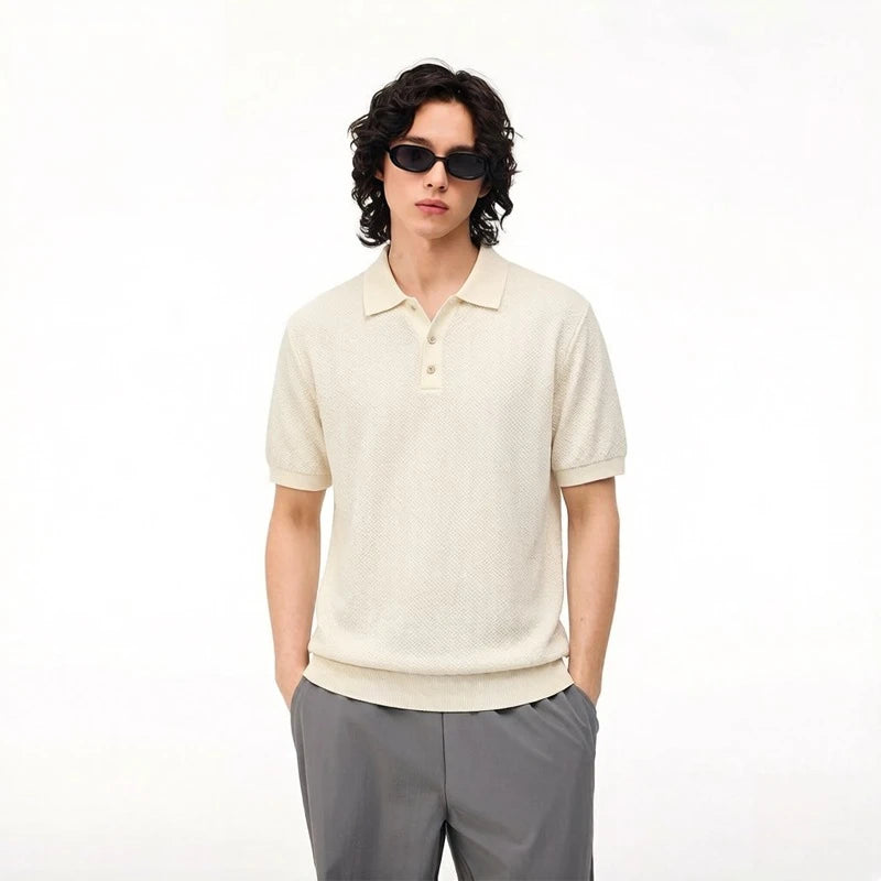 Men's Polo Shirt Knit Short Sleeve Casual Top Solid Color Stretchable Business Casual Top, Summer Pullover Knit Sweater
