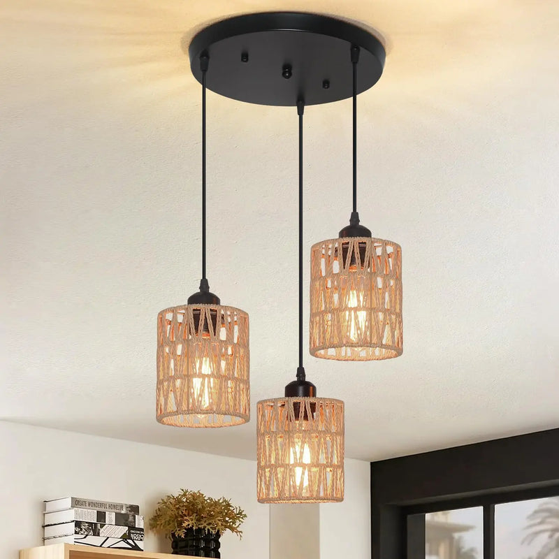 JOYINLED Rope Hemp Pendant Lights 3-Lights Rattan Light Ceiling Hanging Farmhouse Chandelier Lighting Hand Woven Wicker Shades