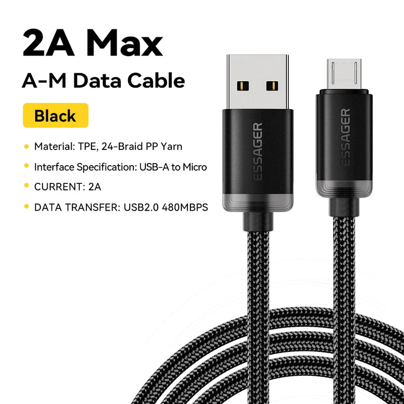 ខ្សែសាក Essager Micro USB 2A ខ្សែសាកលឿនសម្រាប់ Xiaomi Realme Redmi Samsung Huawei ទូរស័ព្ទចល័ត USB Data Charger Wire 3M