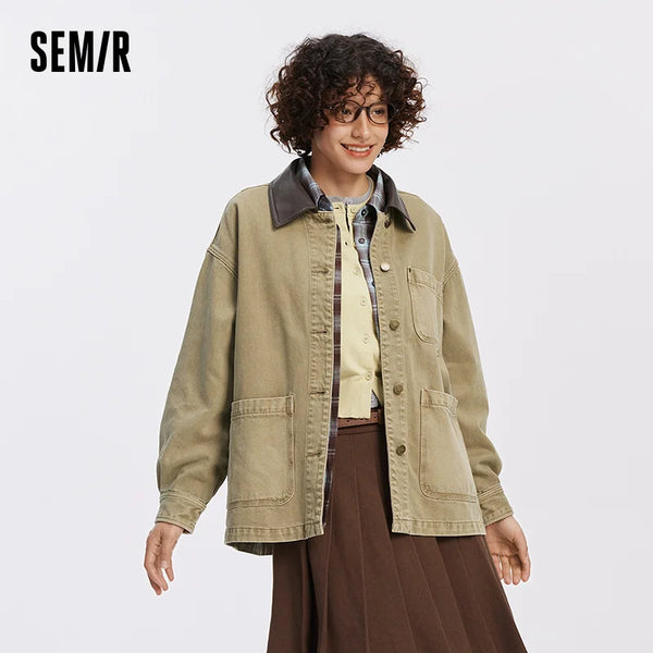 អាវក្រៅស្ត្រី Semir ប្រវែងមធ្យម រលុង ស្មាធ្លាក់ កអាវបែប Retro Street រចនាប័ទ្មរដូវស្លឹកឈើជ្រុះ សម្លៀកបំពាក់ខាងក្រៅប្រចាំថ្ងៃ 2026
