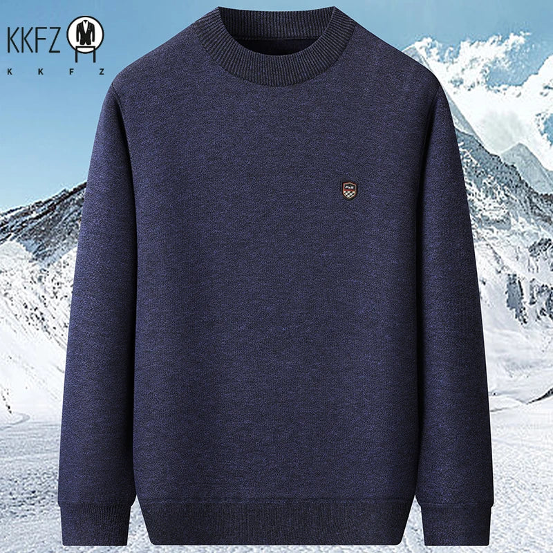 Thick Thermal Mock Neck Men Pullover Simple Solid Knit Material Chest Badge Skin Friendly Fleece Interior Outing Top