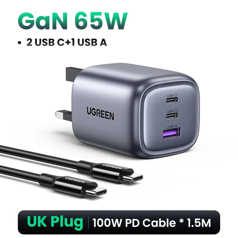 UGREEN UK Plug GaN 100W 65W Fast Charger QC 4.0 3.0  for Macbook Air Tablet iPhone 18 17 16 Pro Max Xiaomi USB Type C PD Charger