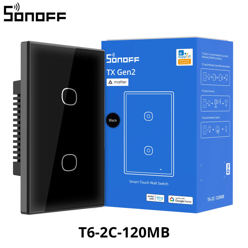SONOFF T6 120 1/2/3 Gang Black TX Gen2 Matter Smart Touch Wall Switch Detach Relay Mode Night Switch Works with Alexa Apple Home