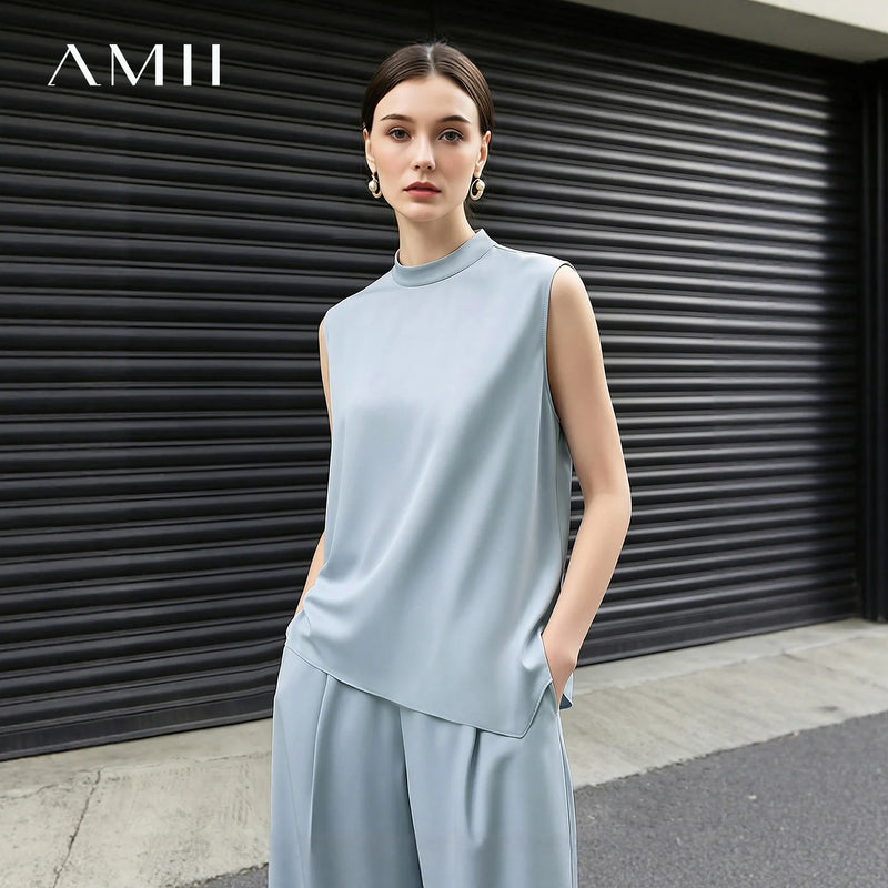 Amii Mock Neck Women's Blouse 2026 Summer New Solid Color Asymmetric Slit Hem Shirt Casual Sleeveless Chiffon Top Women 12642104
