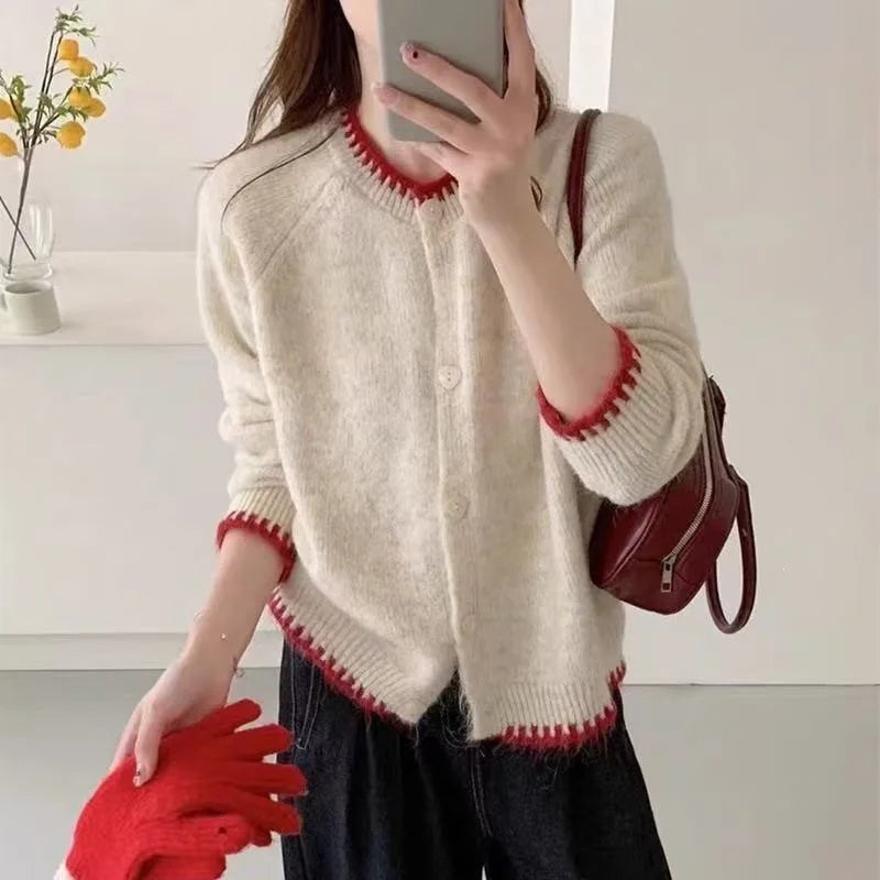 Single Breasted Stripes Contrasting Colors Crew Neck Cardigan Sweater Women's Jacket Autumn Winter New Age-reducing Knitted Top