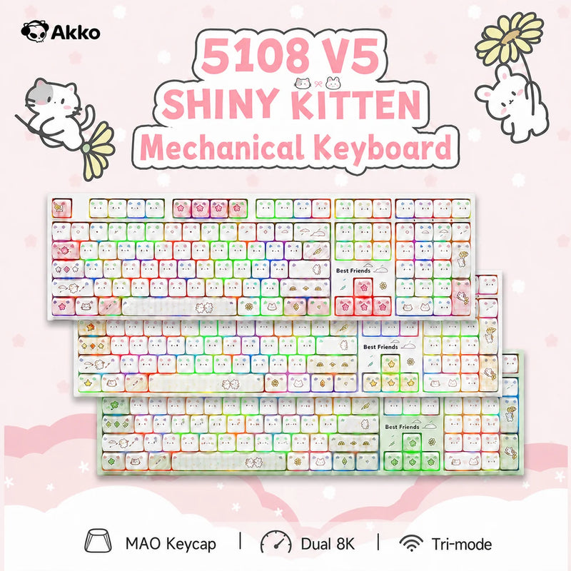 Akko 5108 V5 Mechanical Keyboard MAO Shiny Kitten Keycap 108-Key Full Size Per-Key Flex-Cut Hot Swap 8K RGB Tri-mode Keyboard