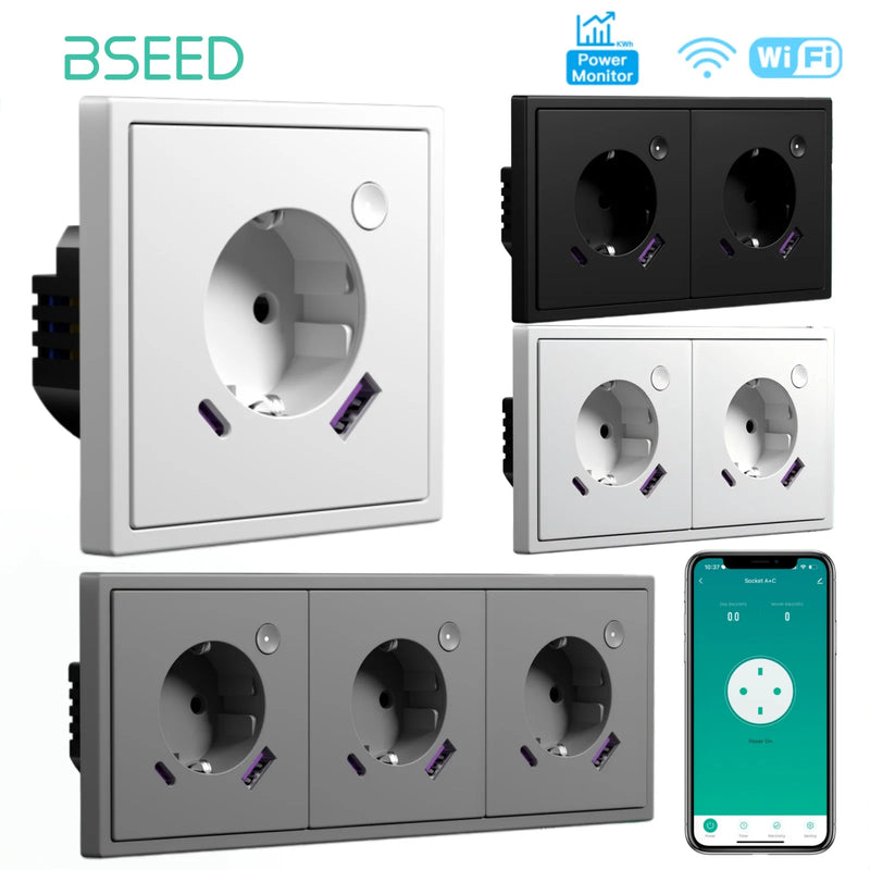 BSEED E Series WIFI Wall Socket Smart Power Monitor Socket 20W USB Type-C Charge Port Plastic Frame Tuya Smart Life Control