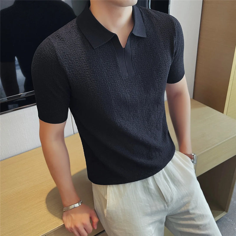 Men's Summer Cooling Ice-Silk High-Stretch Polo Shirt – Breathable Slim-Fit Short Sleeve Business Casual Top with Textured Knit