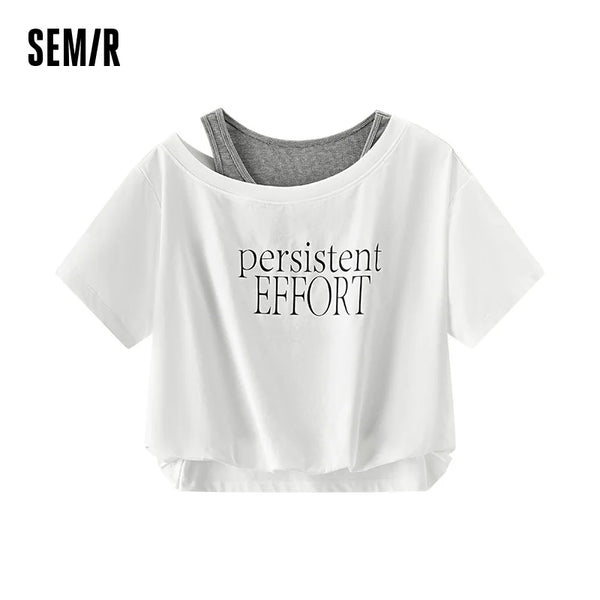 អាវយឺតស្ត្រី Semir ឆ្នាំ ២០២៦ ខ្លីរាងជារង្វង់អក្សរធំពីរដុំស្មារាងចតុកោណកែងទាន់សម័យស្លីមសមធម្មតា