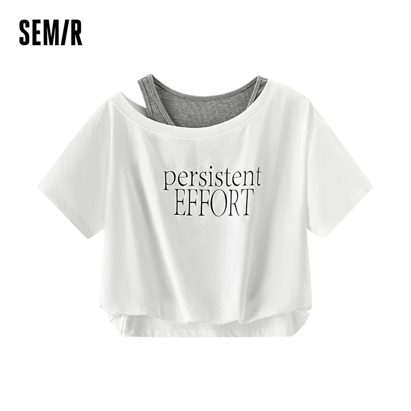 Semir Womens Tshirt 2026 Short Ruffle Oversized Letter Fake Two Piece Oblique Shoulder Stylish Slim Fit Casual