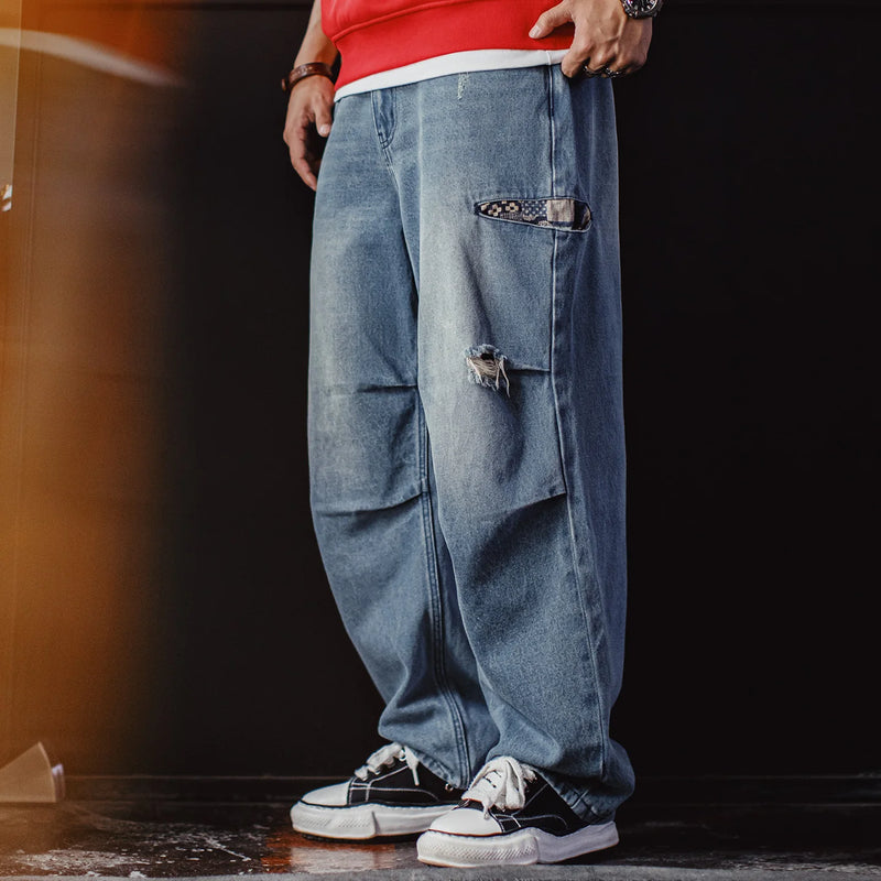 Maden Men‘s Vintage Boro Patchwork Parachute Jeans Ripped Distressed Wide Leg Denim Pants Loose Fit Heavyweight Casual Trousers