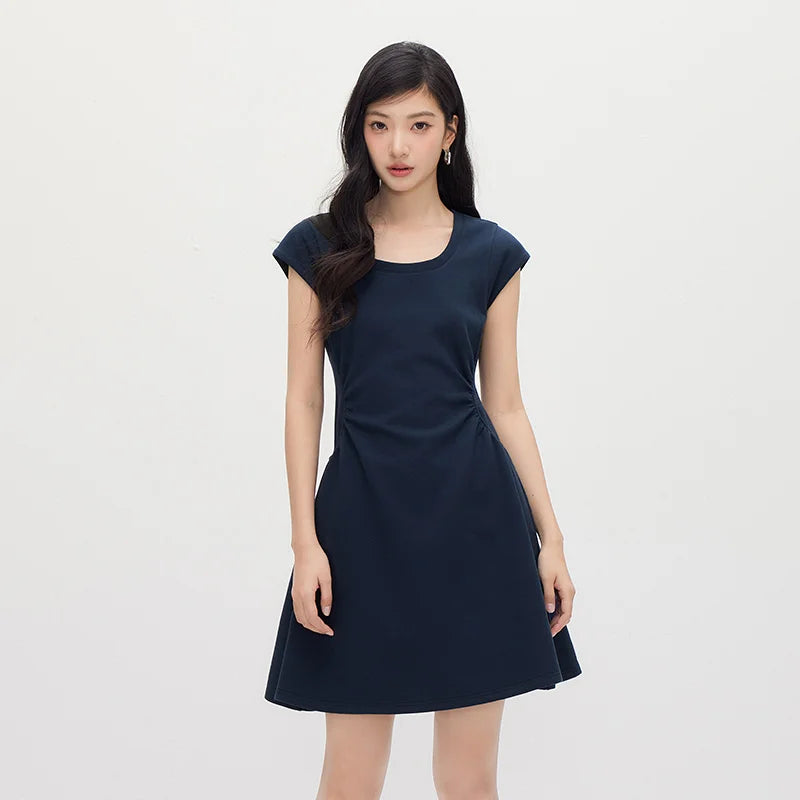 Semir Women Dress U Neck Solid Color Ruched Short Sleeve Minimalist Design Mini 2026 Summer Casual Fashion Top
