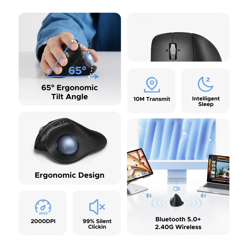 UGREEN Vertical Trackball Mouse Bluetooth Rechargeable 2.4G Wireless 65° Ergonomic Silent Mice for Windows MacOS IPadOS  Android