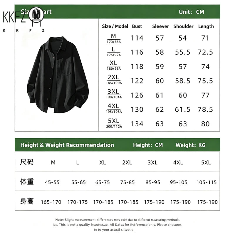 Men Minimalist Oversized Corduroy Top Lapel Collar Button Down Chest Pocket For Everyday Urban Casual Dressing