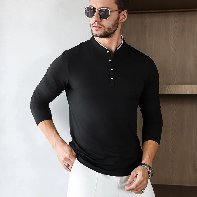 2025 New Men's Casual and Fashionable Solid Color Long Sleeved Stand Up Collar T-shirt Summer Versatile and Comfortable Top