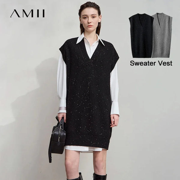 AMII រ៉ូបប៉ាក់ដៃខ្លីនារីសាមញ្ញឆ្នាំ ២០២៦ ម៉ូដ V-Neck រ៉ូបរលុងៗ រ៉ូបប្រណិតសម្រាប់នារីការិយាល័យ រ៉ូបមួយដុំ 12523121