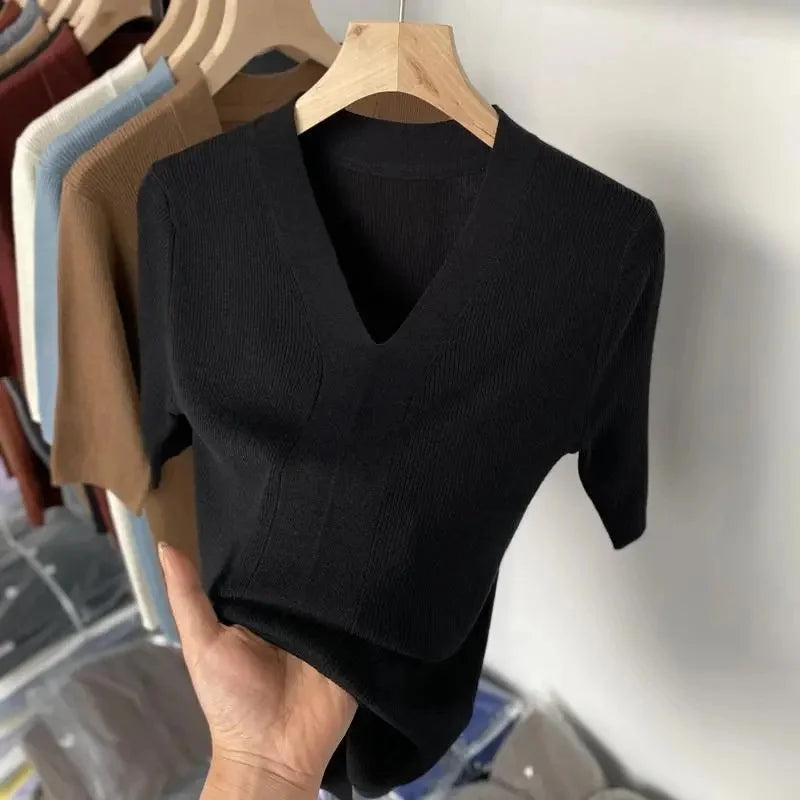 Thin Knit Tops 2026 Bottoming Shirts Women Sweater Short Sleeve V-neck Stripe Knitwears Slim Fit Shirt Korean Summer Pullovers