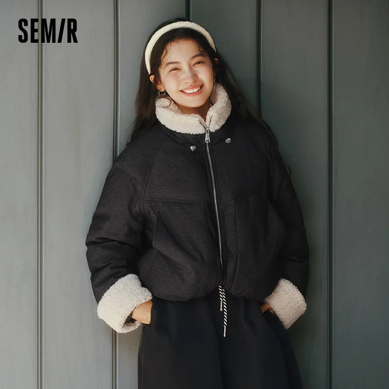 Semir Down Jacket Women Winter Faux Denim Patchwork Fleece 80% Down Fill Raglan Sleeve 2025 New Fashion Retro Outerwear