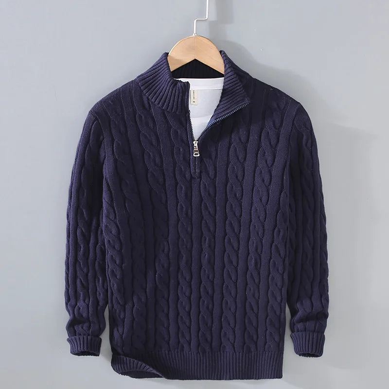 Men's Cable Knit Half Zip Sweater Fall Winter Warm High Neck Pullover 100% Cotton Stretch Knitwear