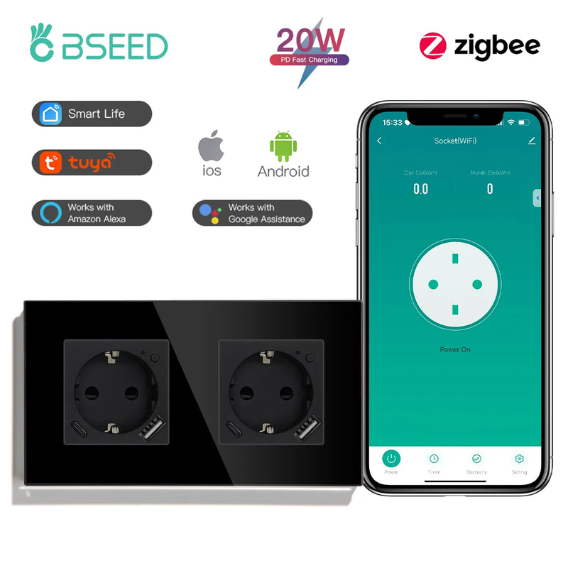 BSEED Zigbee Smart Socket 20W Fast Charge USB Type-C Phone Charge Port Glass Panel Tuya Google Home Alexa Control