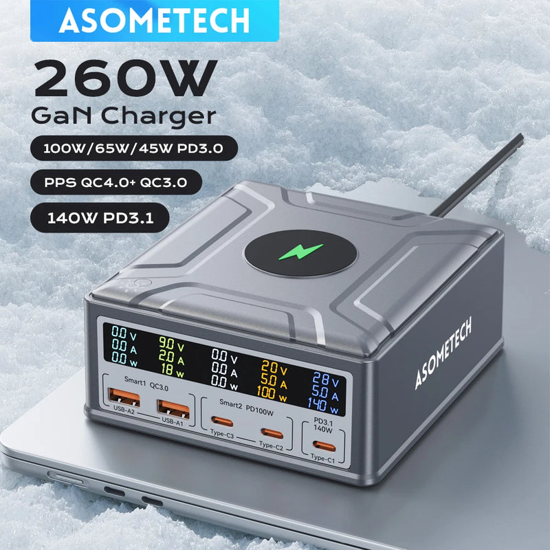 ឆ្នាំងសាកឥតខ្សែ USB C GaN 260W QC3.0 PD3.1 ស្ថានីយសាកថ្មលឿន PPS 140W សម្រាប់ iPhone 16 15 MacBook Pro Samsung Laptop ឆ្នាំងសាកឥតខ្សែ