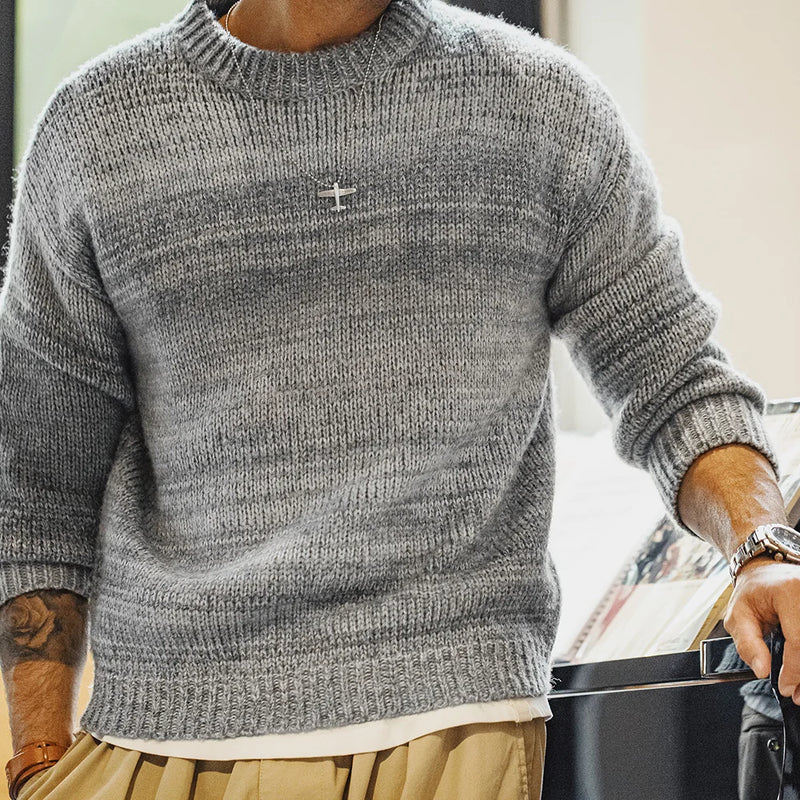 Maden Men's Vintage Gradient Stripe Sweater Round Neck Blended Knitted Pullover Warm Base-layer knitwear for Autumn and Winter