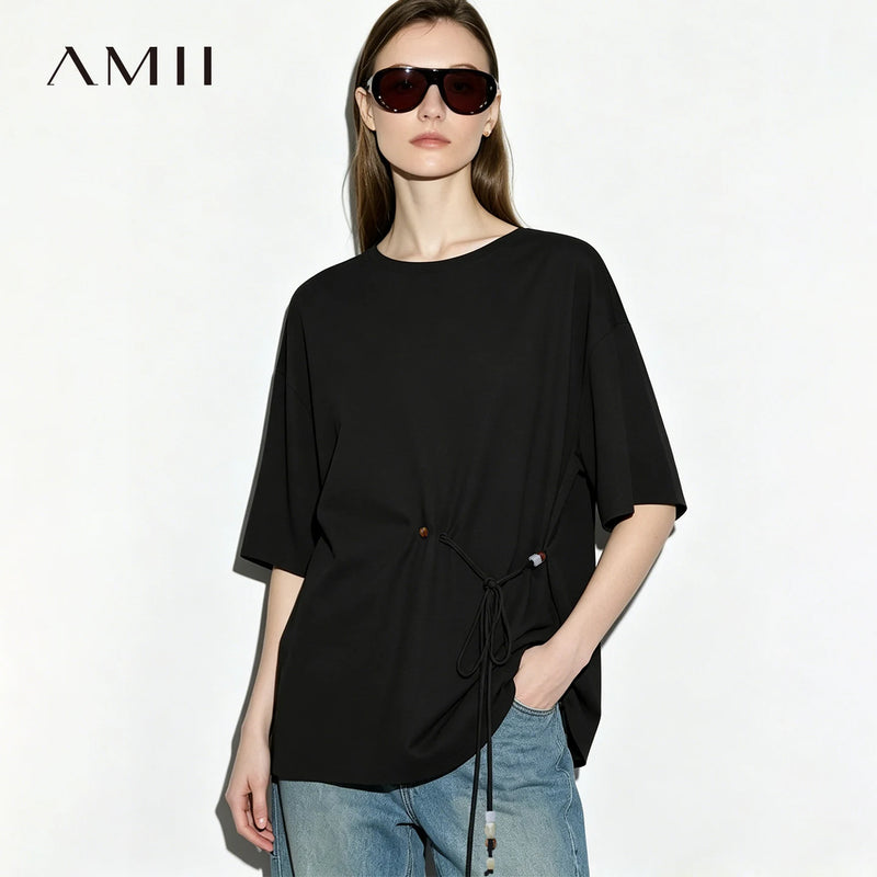 Amii Women's Blouse 2026 Summer New Round Neck Drop Shoulder Tie Detail Chiffon Top Loose Fit Casual Shirt For Women 12642192