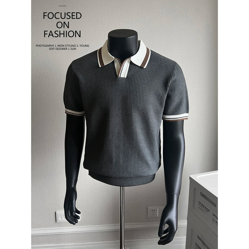 Men's Contrast Collar Polo, Old Money Style Knit Shirt,Stretchable, Breathable, Everyday Commuter Knitted Pullover.