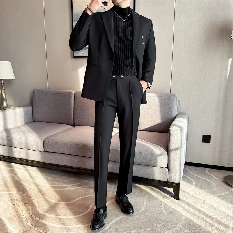 Men's Two-Piece Suit Set (Jacket + Pants) , Metal-Decorated Blazer with Naples Trousers, Casual Smart Wear, Beige Black Brown