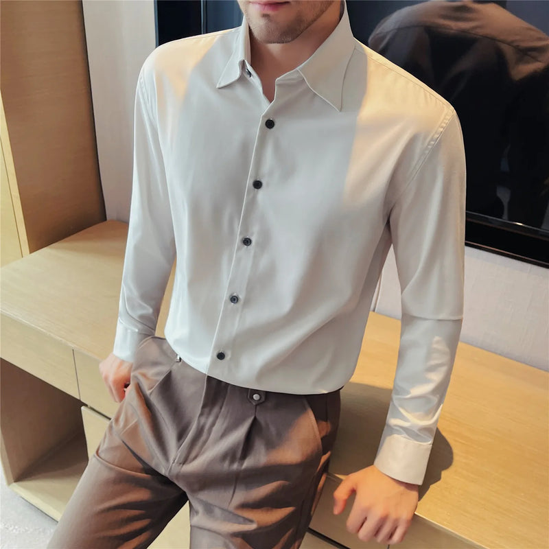 Men's Bamboo Fiber Hidden Placket Shirt Breathable Long Sleeve Button-Down for Business & Casual Wear