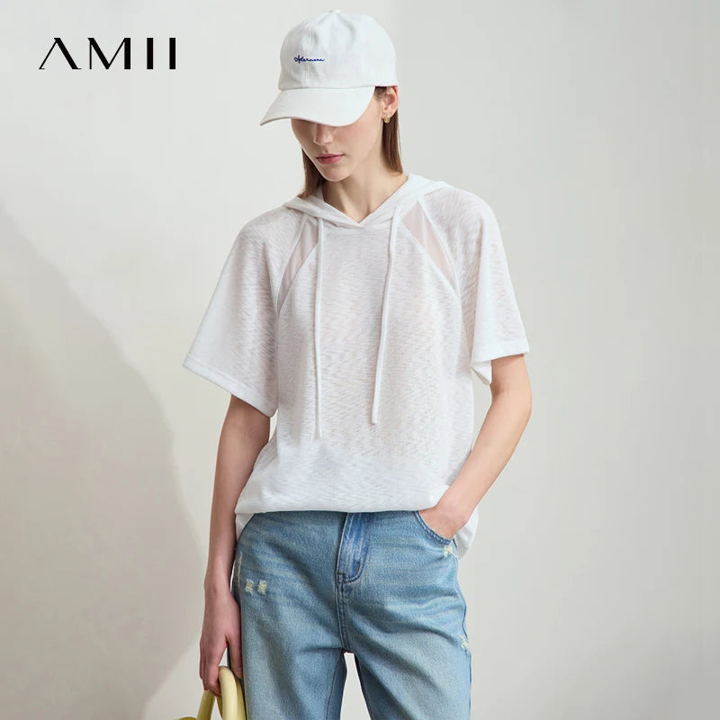 អាវក្រៅ AMII ធម្មតា រលុង សម្លៀកបំពាក់ស្ត្រី រដូវក្តៅ ឆ្នាំ២០២៥ ថ្មី ស្ព្រីស សំណាញ់ មានមួក ពណ៌រឹង កីឡាធម្មតា អាវប៉ាក់ 12522095