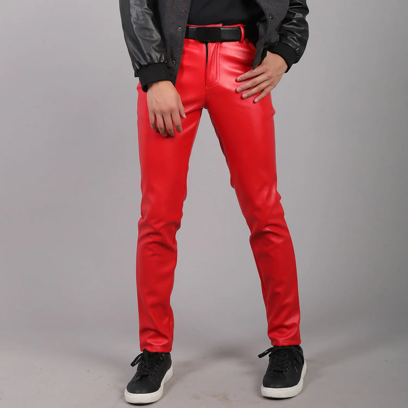 New Fall Collection: Men's Purple PU Pants—Fitted Faux Leather Motorcycle Trousers Available in Black,Blue,Green,Red,Gray,Khaki.
