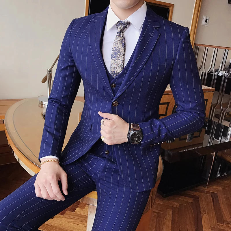 2026 Men Black Classic Striped/Checked Suits, Men's Business Office 3-Piece, Asian Size Slim Fit Sets, Blue/Gray Available