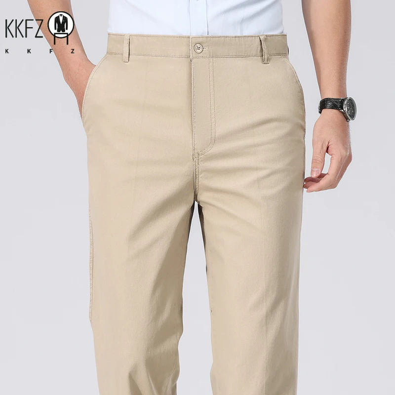 Men Cotton Straight Casual Chinos Soft Breathable Twill Fabric Zip Fly Side Slash Pockets Office Daily Commuting Long Bottoms