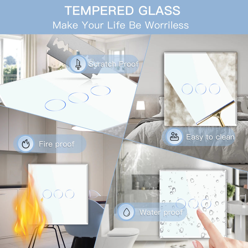 BSEED Touch Light Switches LED Backlight EU Wall Sockets Switches Glass Panel Max.Load 300W 1/2/3Gang 1Way LED Light Switches