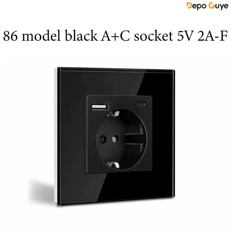 EU Standard 86x86mm Tempered Glass Wall Socket 16A Power Outlet with 5V 2A USB Type C or Dual USB for Home Hotel Office