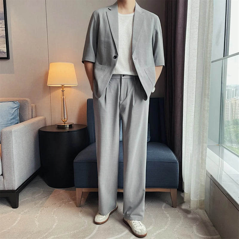 Men's Imitation Linen Short-Sleeve Suit Set – Lightweight Blazer & Wide-Leg Trousers for Summer Business & Casual Wear