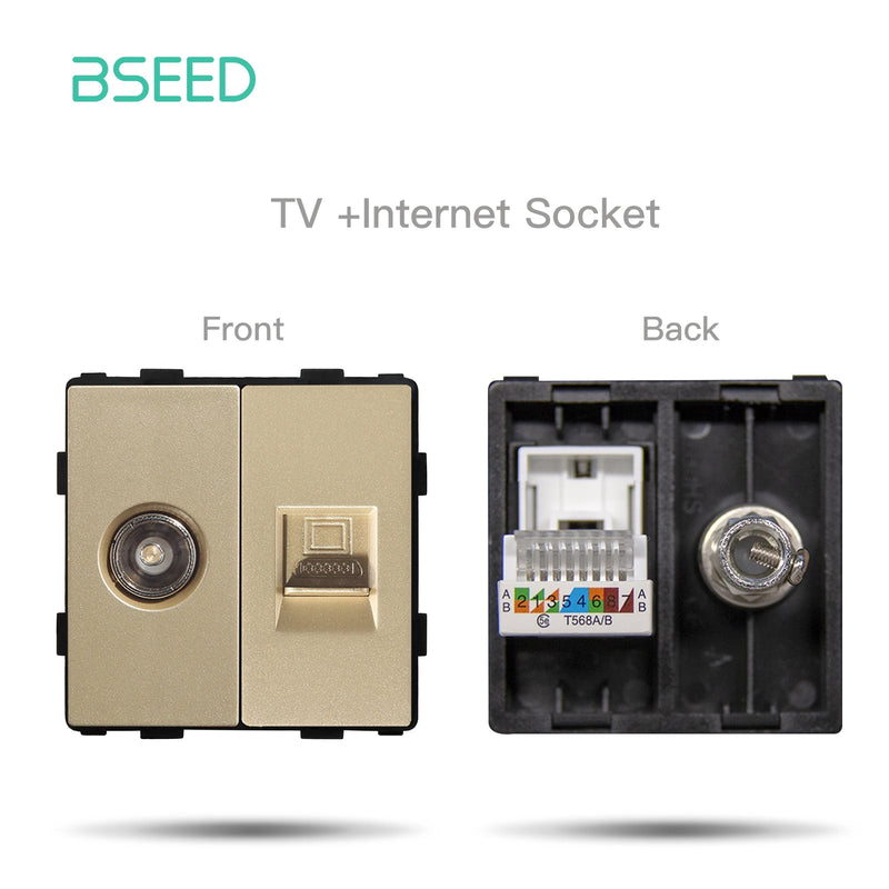 BSEED DIY Modules EU Plastic Panel Gold Double USB Socket Internet CAT5 RJ45 ST TV Power Socket Wall-Mounted Free Combination