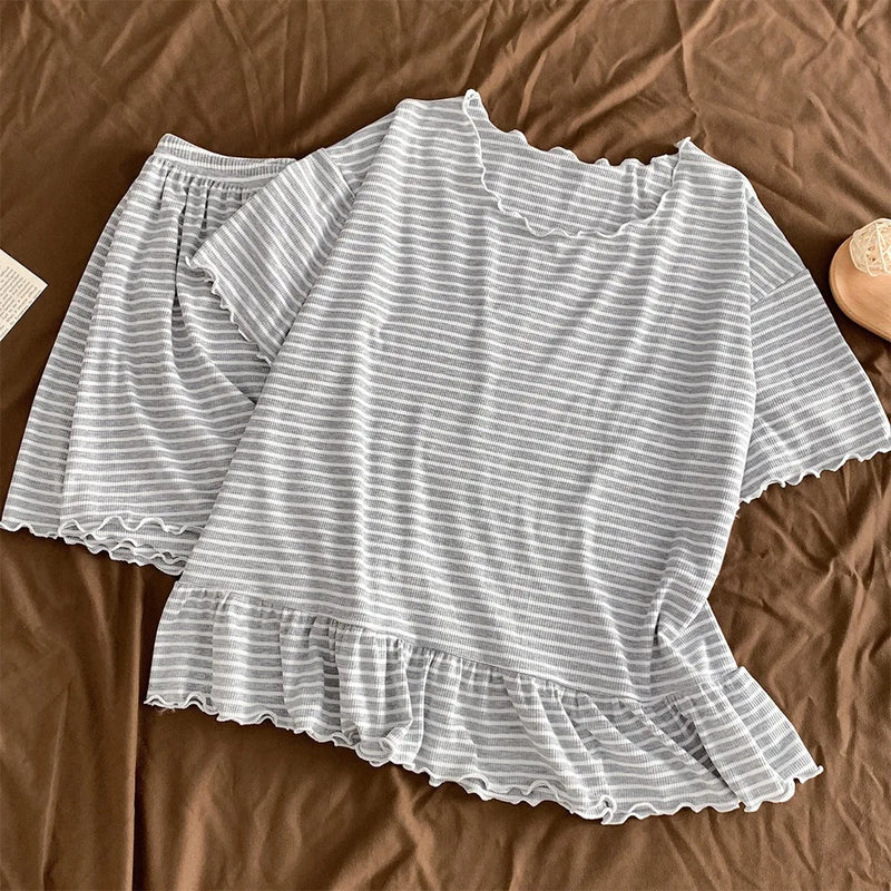 Striped Pyjamas Summer Short Sleeve Pajamas Set Soft Pijama Suit 2 Piece Set Sleepwear Women Night Clothes Night Wear Female
