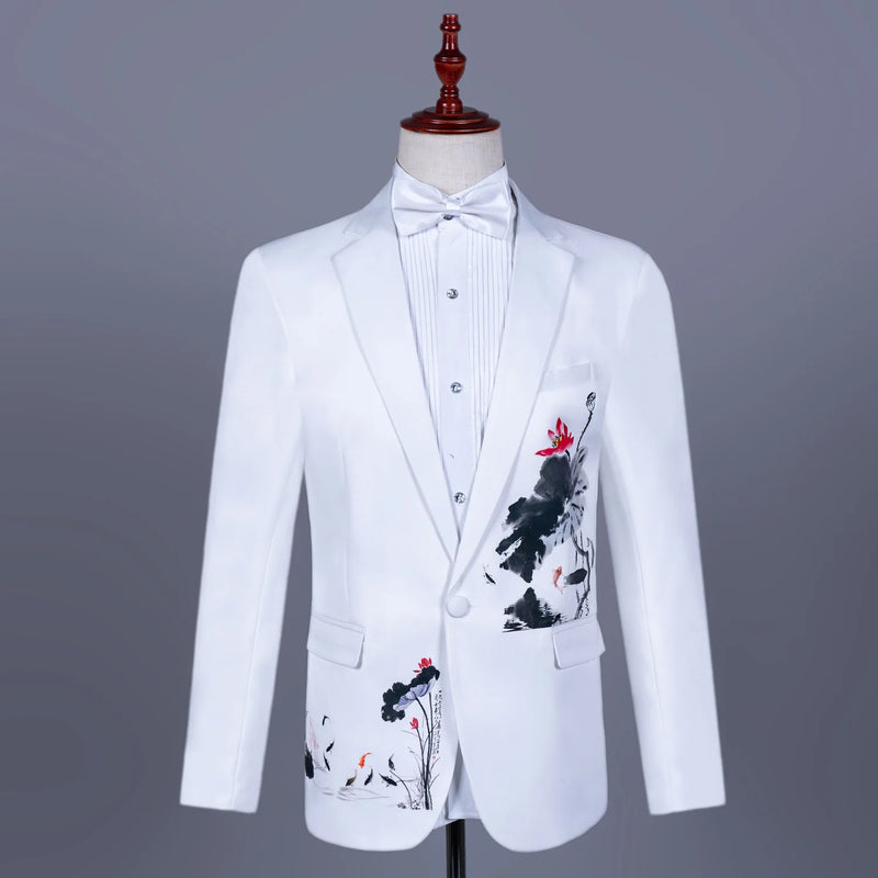 Chinese Style Print Long Sleeve Jacket with Pants, Ensemble in White Men Two-Piece Suit for Stage Performance and Choir Outfit