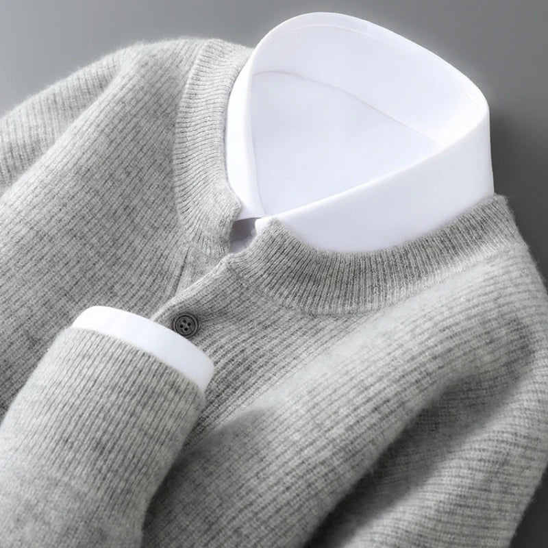 100% Wool Sweater, Round Neck Button Detail, Solid Jacquard Knit, Loose Fit Autumn Winter