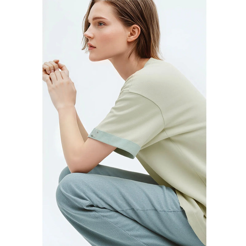 Amii Women's T-Shirt 2026 Summer New O-Neck Letter Embroidered Color Block Tee Loose Versatile Casual Women T Shirts 12642022