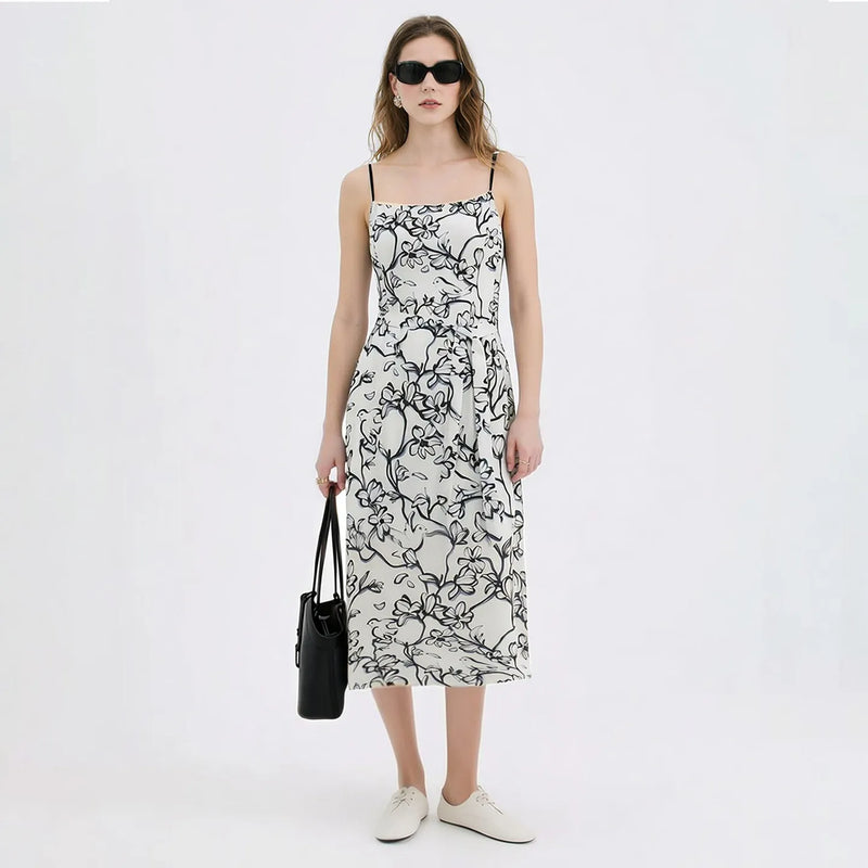 Amii Womens Dresses 2026 Summer New Printed With Belted Oversized Holiday Casual Spaghetti Strap A-Line Long Dress 12652050