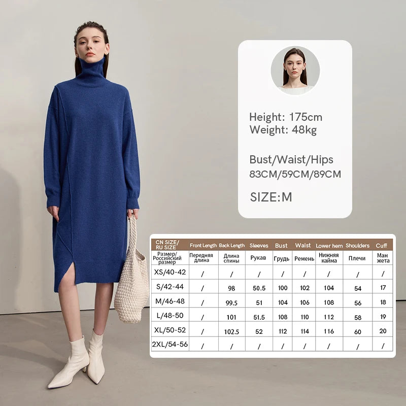 AMII Womens Dresses 2026 Winter New Turtleneck Long Sleeves Asymmetrical Dresses For Woman Knit Loose Ladies Clothing 12553015