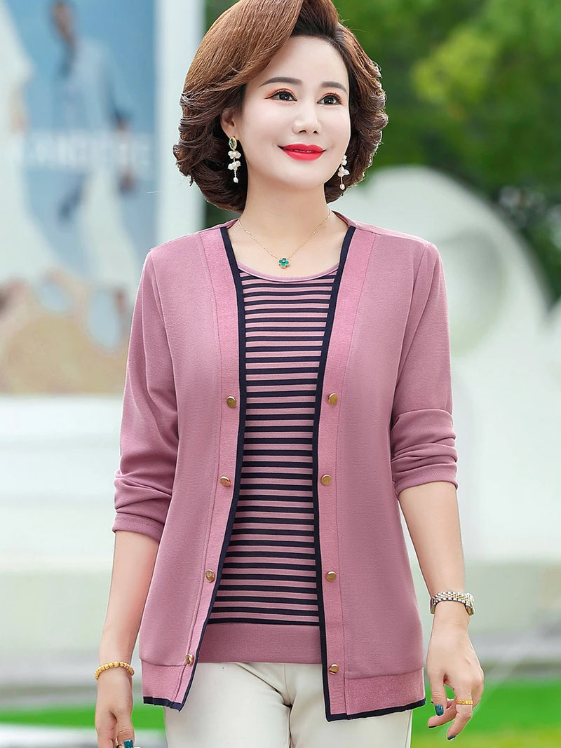 អាវយឺតដៃវែងប៉ាក់សម្រាប់ស្ត្រីវ័យកណ្តាល 2 ឈុត រដូវផ្ការីក រដូវស្លឹកឈើជ្រុះ សម្លៀកបំពាក់ម្តាយ Camisetas Mujer
