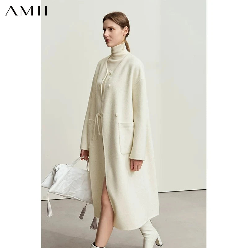 AMII Minimalist Neo-chinese Woolen Camel Wool Double Side Coat for Women 2026 Winter Round Neck Female Loose Outerwear 12444124
