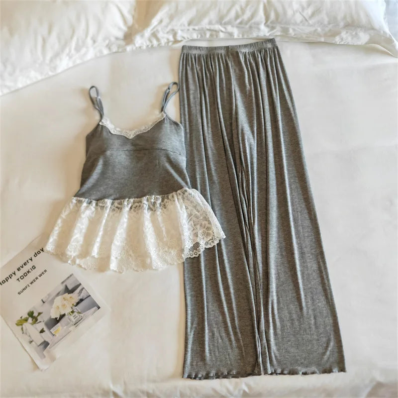 Thin Women's Pajamas Chest Pad Sleeveless Tops and Long Pants Sleepwear 2 Piece Home Clothes Comfortable Loungewear Pijama Suit